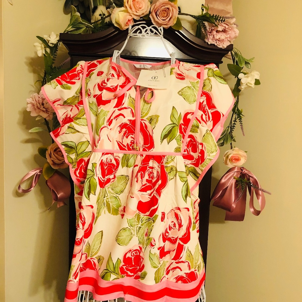 Just in NWT Cicy  Bell Floral Peplum Babydoll Top in Pink Rose
